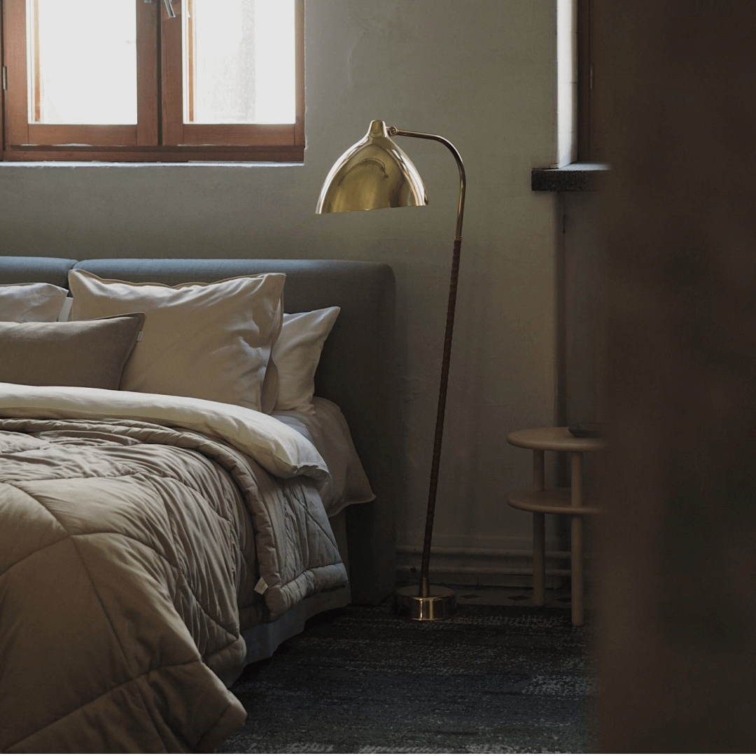 Lisa Floor Lamp by Lisa Johansson-Papeand | Brass with Cognac leather | 310 x 540 x 1400mm | Dimmer switch | 1 x E27 max 35 W required