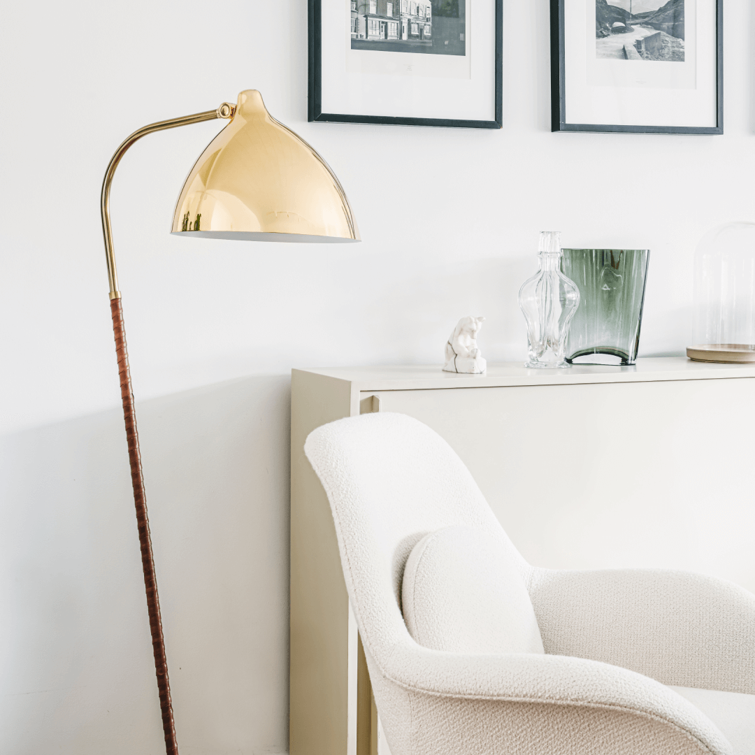 Lisa Floor Lamp by Lisa Johansson-Papeand | Brass with Cognac leather | 310 x 540 x 1400mm | Dimmer switch | 1 x E27 max 35 W required