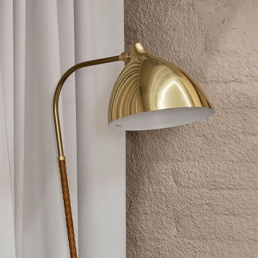 Lisa Floor Lamp by Lisa Johansson-Papeand | Brass with Cognac leather | 310 x 540 x 1400mm | Dimmer switch | 1 x E27 max 35 W required