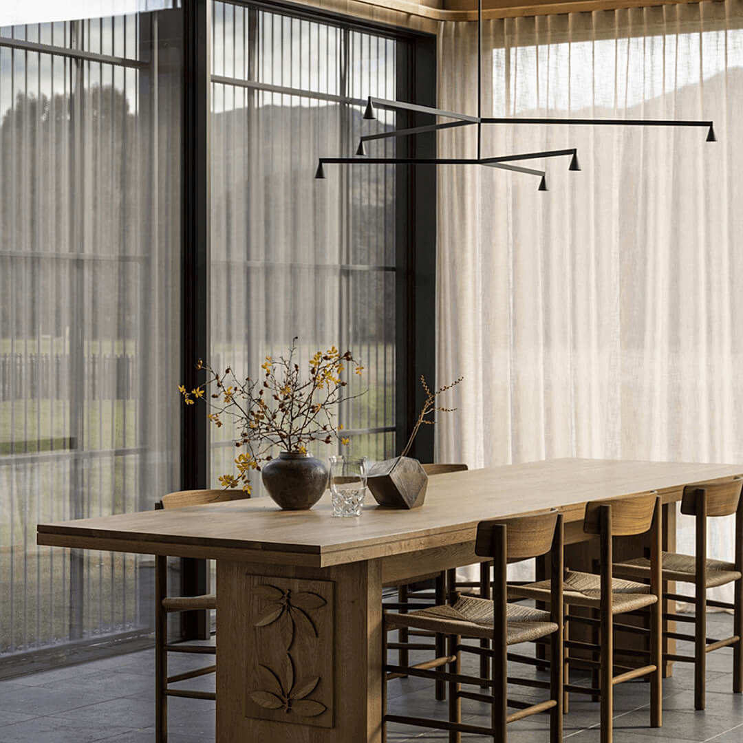 Austere Chandelier | by Hans Verstuyft 2Y | RL 79 | L500mm + 750mm | Black cable with 2 metre steel cable | Canopy C6 false ceiling | Driver 1-10V / PUSH L350 x B30 x H21 ( ceiling mounted)