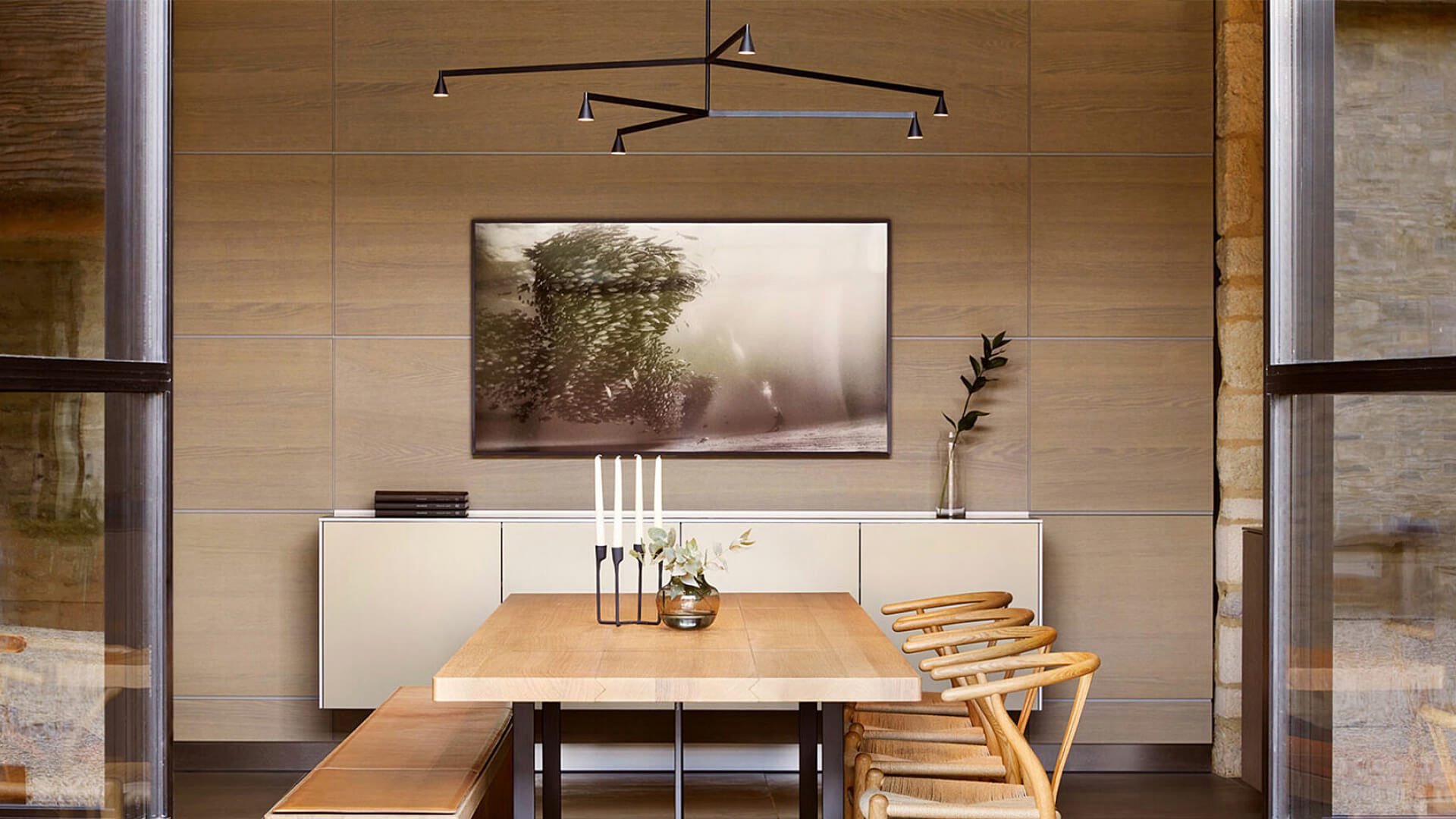 Austere Chandelier | by Hans Verstuyft 2Y | RL 79 | L500mm + 750mm | Black cable with 2 metre steel cable | Canopy C6 false ceiling | Driver 1-10V / PUSH L350 x B30 x H21 ( ceiling mounted)