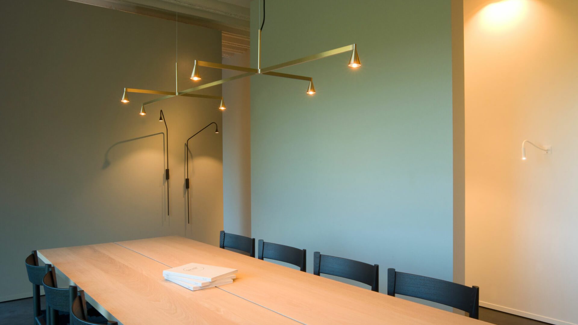 Austere Suspension by Hans Verstuyft | 1 + SURL 79 | Centre L750mm | End L500mm | Side L250mm | Rod L790mm | Black power cord & steel cable | 6 x Led array 6W inc | Remote mounted drive + cover / canopy